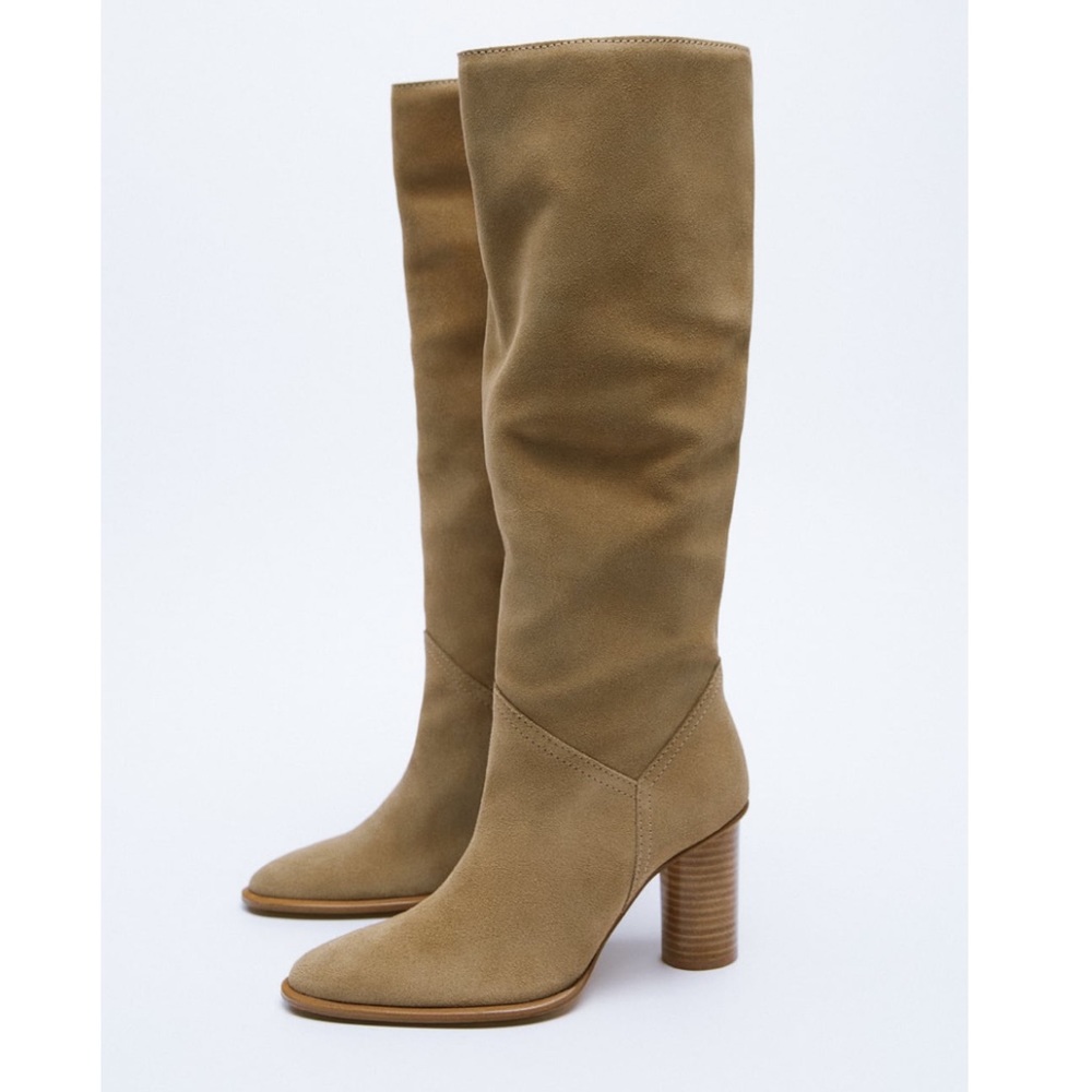 Zara Olive Brown Suede Knee-High Heeled Boots
